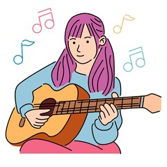 Cute little girl playing guitar instrument with happy face expression. Cartoon vector illustration
