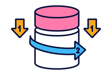 Scheme instructions for opening. Press down, rotate. Pull top, turn cover. Child resistant pill bottles opening method. Baby Proof Container. Vector outline color icon. Editable stroke.