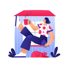 Tiny house living. Small house for young  woman and cat. Happy people in compact space concept. 
Vector flat hand drawn illustration.  Design for web sites, cards, posters, advert, t-shirts.