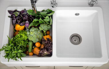 Bright washed vegetables in the kitchen sink top view.