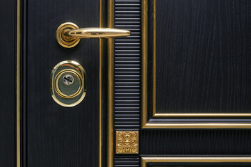 Classic black wooden entrance door with carved panels and Golden patina