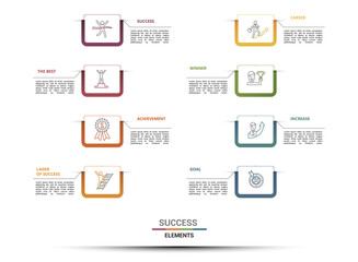 Infographic Success template. Icons in different colors. Include Success, The Best, Achievement, Lader Of Success and others.