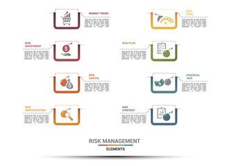 Infographic Risk Management template. Icons in different colors. Include Market Trend, Investment, Risk Capital, Identification and others.