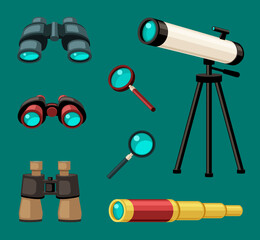 Magnifying optical devices set. Stationary white telescope for astronomy observing stars retractable spyglass field and military binoculars magnifier for viewing text. Vector scaling.