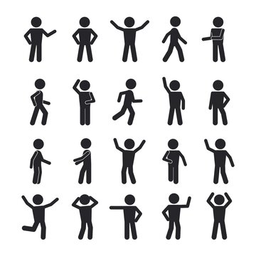 Stick man gestures and movement set. Simple poses and active actions abstract people running and slow walking pose of amazement despair with hands near head raised hand greeting. Vector silhouette.