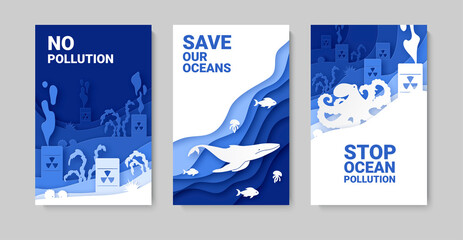 Set of 3 campaign poster to protect the ocean from pollution. Layered paper-style design. Ecology and environmental protection. Vector illustration
