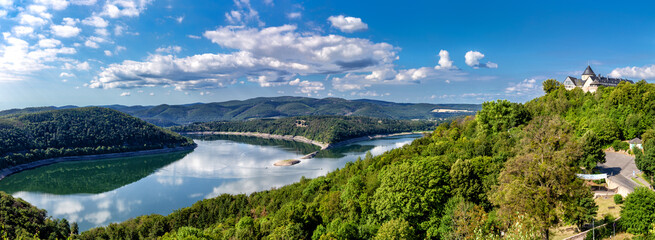 View on Waldeck Castle and Edersee in northern Hesse, Germany. - obrazy, fototapety, plakaty