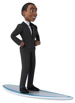 Fun 3D cartoon business man surfing