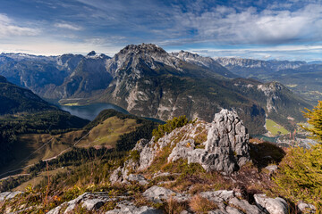 View on Königssee and Watzmann from the summit of Jenner in Berchtesgadener Land, Bavaria, Germany, in autumn.