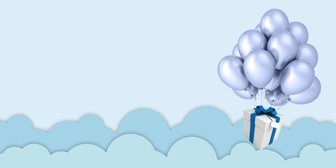 3d illustration Paper art balloons floating on green sky clouds and gift boxes on blue sky background For Merry Christmas and Happy New Year's Day Birthday Festival