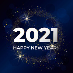 Obraz na płótnie Canvas Happy New Year 2021. Greeting card with gold glittering round on blue background. For holiday invitations, banner, poster. Vector illustration.