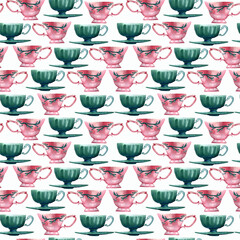 Watercolor hand painted seamless pattern including illustrations of antique turquoise and pink cups on white background. Cozy pattern in vintage style.