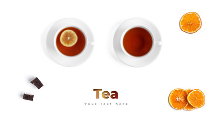 Tea in white cups and sweets. Long header banner format. Panorama website header banner. High quality photo