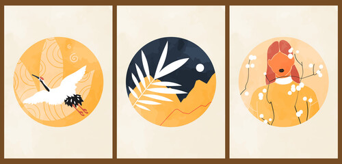 A set of three colorful aesthetic backgrounds. Minimalistic social media posters in a circle. Vintage watercolor illustrations with landscape, mountains, bird, leaves, girl face, flowers, moon.