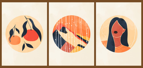 A set of three colorful aesthetic backgrounds. Minimalistic social media posters in a circle. Vintage watercolor illustrations with landscape, mountains, tangerines, girl face, plants.