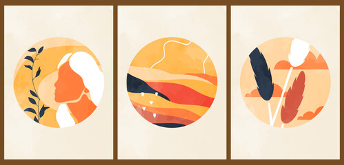 Naklejka premium A set of three colorful aesthetic backgrounds. Minimalistic social media posters in a circle. Vintage watercolor illustrations with landscape, desert, girl face, plants, clouds.