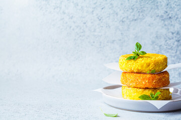Stack of colored vegetarian vegetable cutlets, gray background, copy space. Vegan food concept.