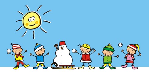 Obraz na płótnie Canvas Happy kids in winter with snowman and sled, cute vector illustration 
