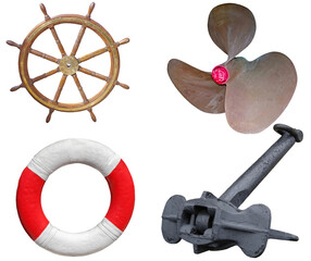 ship propeller, anchor, rescue ring and boat steering wheel