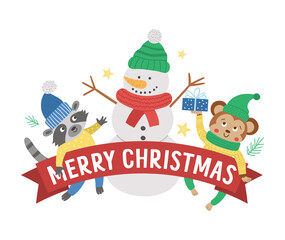 Vector Merry Christmas composition with text, snowman, raccoon, monkey. Funny winter holiday background design for banners, posters, invitations. New Year card template .