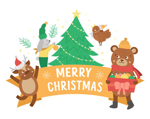 Vector Merry Christmas composition with text, cute animals, fir tree. Funny winter holiday background design for banners, posters, invitations. New Year card template .