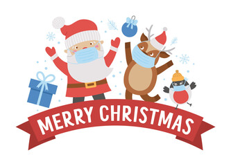 Vector Merry Christmas composition with text, Santa Claus, deer, bullfinch in medical masks. Funny winter holiday background design for banners, posters, invitations. New Year card template .