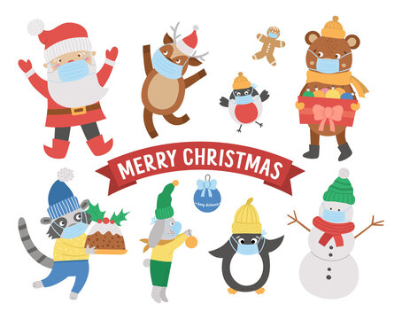 Cute vector animals, Santa Claus, snowman in hats, scarves and sweaters wearing medical face masks. Winter set of winter characters with COVID protection. Funny Christmas card designs..