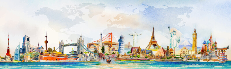 Travel famous landmarks world, Europe, Asia and America. Watercolor landscape - 391179003