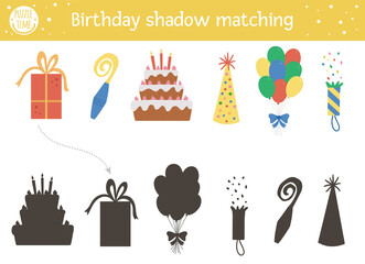Birthday shadow matching activity for children. Fun puzzle with cute party objects. Celebration educational game for kids with holiday symbols. Find the correct silhouette printable worksheet. .