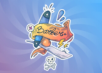 Razor blade. Badge for the barbershop. Creative cartoon illustration. Picture for print, advertising, applications and T-shirt print.