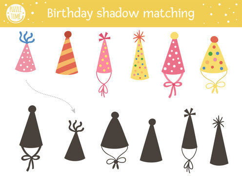 Birthday shadow matching activity for children. Fun puzzle with cute party hats. Holiday celebration educational game for kids. Find the correct silhouette printable worksheet. .