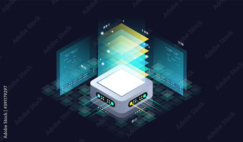 Aufkleber technology isometric infographic design for quantum computer. blockchain server concept, server room