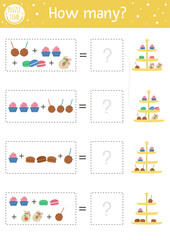 Birthday counting game with traditional desserts. Holiday activity for preschool children with cakes, cupcakes, cake pops. Educational celebration printable math worksheet with candy bar for kids.