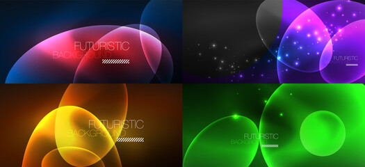 Set of neon abstract backgrounds. Shiny bright glowing ellipses in the dark. Vector futuristic illustrations for covers, banners, flyers and posters and other