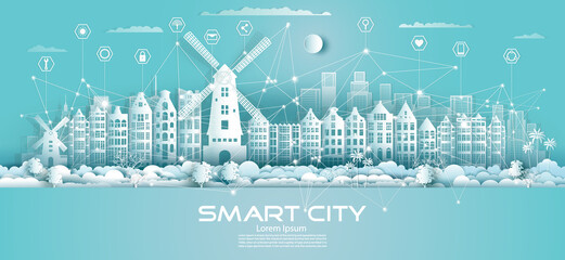 Technology wireless network communication smart city with icon in Netherlands .