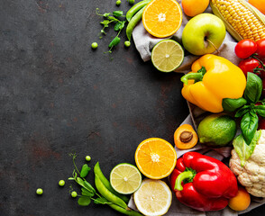 Healthy food. Vegetables and fruits on a black concrete background.