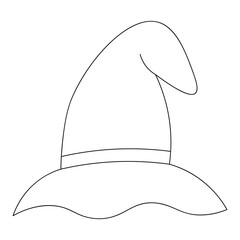 Witch hat. Vector illustration. Outline on an isolated white background. Doodle style. Sketch. Coloring book for children. Halloween symbol. Ribbon decoration. Fabulous headdress. All Saints Day.