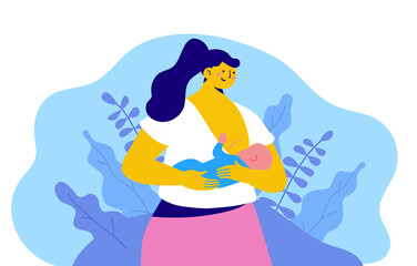 Mother with kid. Woman breastfeeding her newborn baby. Breast feeding week, happy mother day. Feeding child, female breast. Flat vector illustration.