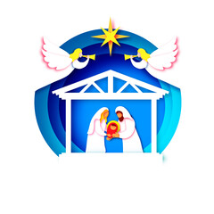 Baby Jesus Christ. Holy Child and Family. Mary and Joseph. Birth of Christ.Star of Bethlehem - East comet. Nativity Christmas in paper art style. Happy New Year. Circle frame. Blue.