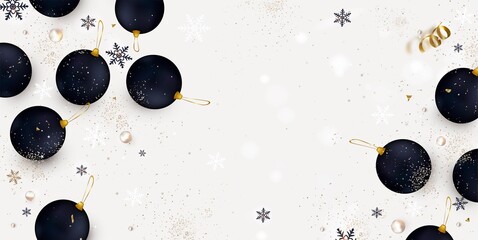 New Year 2021 and Christmas banner. 25 of December. Flat lay design with christmas decoration, black balls  on a white background.Top view vector composition.