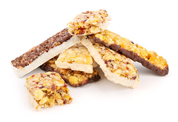 Heap of cereal bars on white background