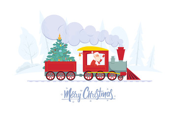 Santa Claus is taking a decorated Christmas tree to children for a holiday by train.