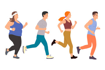 Fototapeta na wymiar Flat style Athlete running runner characters vector illustration. Young man and woman jogging marathon race.