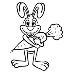 monochrome comic outline hare with big carrot in his arms. funny, cute, character design.