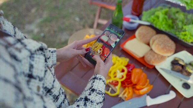Woman hands taking a picture with the phone of the picnic food. Close-up.