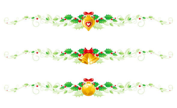 Christmas holly set. Vector ribbon border garland with holly leaf and bell decoration. Holiday frame. Branch and bow background. Isolated on white banners. Merry Xmas jingle bell design