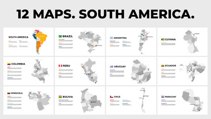 South America. Vector map infographic templates. Slide presentation. Brazil, Argentina, Colombia etc. All countries divided into provinces.  - obrazy, fototapety, plakaty