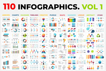 Fototapeta na wymiar 110 Vector Infographics vol 1. Presentation templates includes 11 categories from maps, diagrams or banners to timelines, arrows and creative.