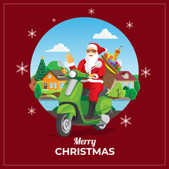 Christmas greeting card with santa ride scooter