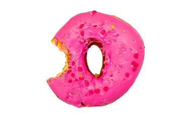 Top view of bitten pink donut, isolated on white.